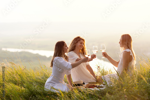 Obraz na płótnie Girlfriends had fun spending time together at summer picnic. Three women friends communicate at a picnic in the summer in the park. w salonie