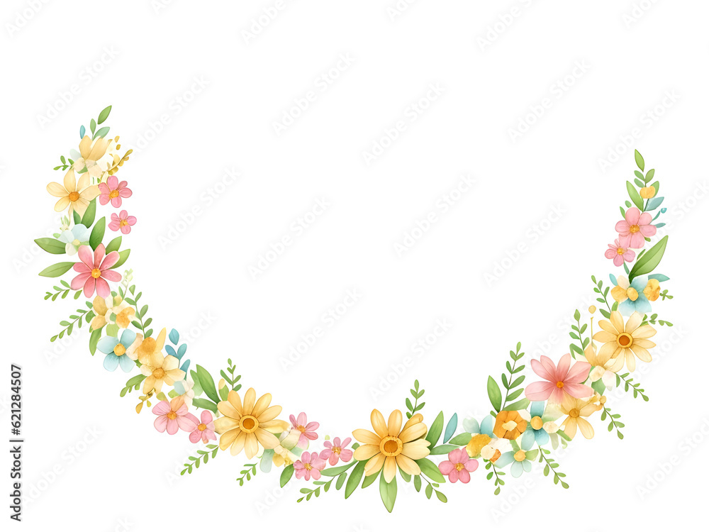 Round Frame made of watercolor wildflowers and leaves on transparent background,generative Round Frame made of watercolor wildflowers and leaves on transparent background,generative