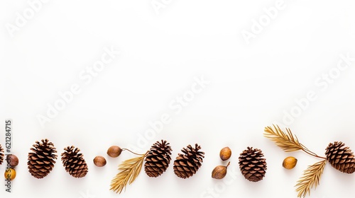  A top view of a minimalist arrangement of golden pinecones and acorns on a white background, evoking a sense of natural beauty and simplicity for highlighting your text. Autumn. Generative AI. 