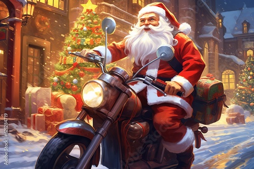 Santa Claus is riding an electric scooter while delivering presents, Merry Christmas, Generative ai