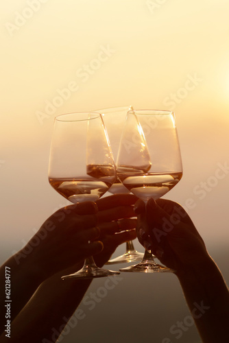 People toasting wine together at summer sunset.