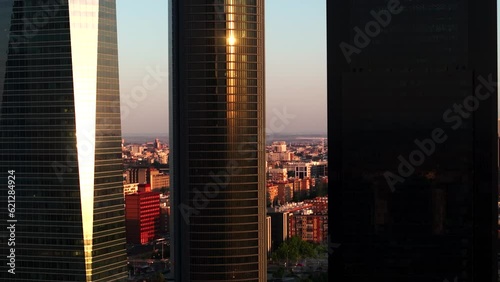 70mm lens Drone Shot of Madrid Skyline Towers