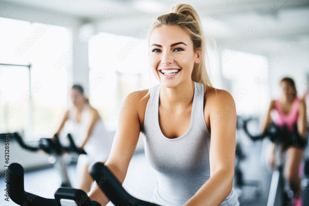 Group fitness class , featuring participants engaged in an energetic workout, such as spinning, aerobics, set against a bright, gym studio background