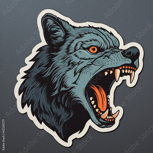 Wolf head logo, sticker. Angry, fierce, tough-looking, aggressive roaring wolf illustration. Symbol, icon, sign, brand, tattoo. Digital art. Generative AI.