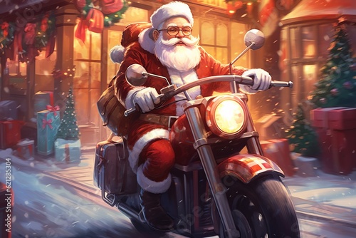 Santa Claus is riding an electric scooter while delivering presents, Merry Christmas, Generative ai