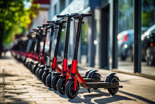 Electric urban transportation. Electric scooters waiting at the curb ready to be rented and driven away. Several red e-scooters stand in a row for rent. photo