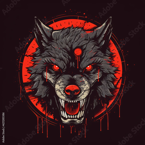 Wolf head logo, sticker. Angry, fierce, tough-looking, aggressive roaring wolf illustration. Symbol, icon, sign, brand, tattoo. Digital art. Generative AI. photo