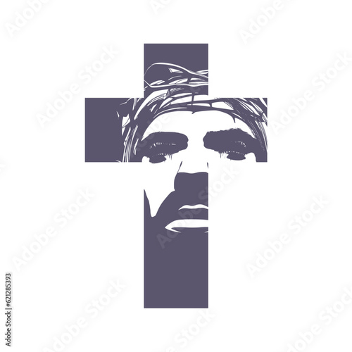 Christian cross made with face of Lord. Good Friday, Easter day. Biblical faith, gospel, salvation concept. Jesus Christ Crucifixion.