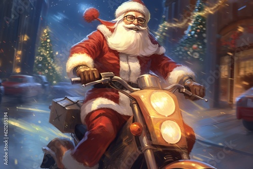 Santa Claus is riding an electric scooter while delivering presents, Merry Christmas, Generative ai