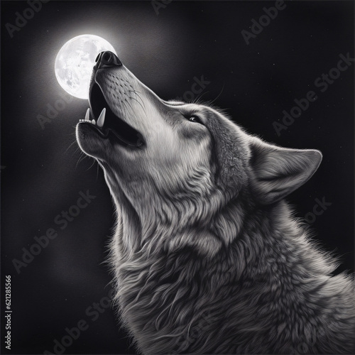 Fierce wolf howling at the moon at dark night. Artwork, poster. Digital illustration, painting, drawing, art, picture. Generative AI.