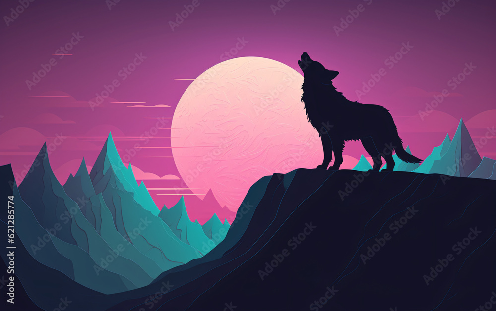 Fierce wolf howling at the moon, sunrise, sunset, with mountains and landscape in the background. Digital illustration, painting, drawing, art, poster, picture. Generative AI. Fierce wolf howling at the moon, sunrise, sunset, with mountains and landscape in the background. Digital illustration, painting, drawing, art, poster, picture. Generative AI.