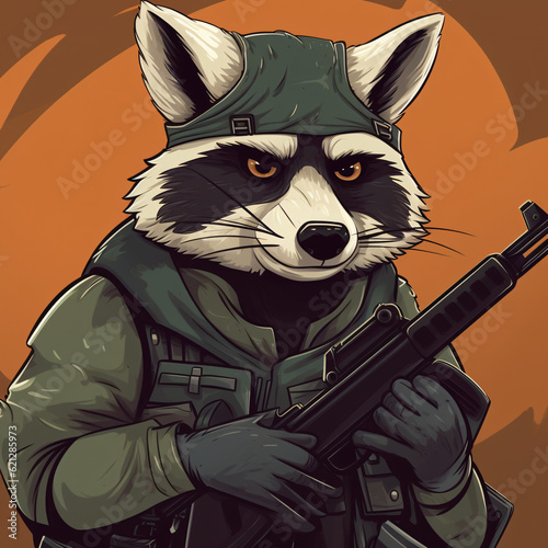 Portrait of a cool, tough looking raccoon army soldier with a gun. Cartoon, bold style, digital illustration, drawing.  Generative AI.