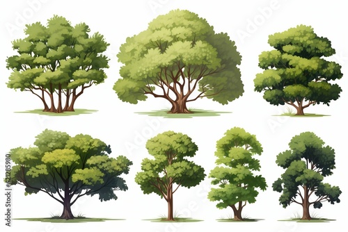 Collection of Big Green Trees Isolated on White Background. Generative ai