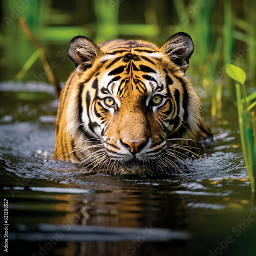 A majestic tiger in its natural surroundings swimming and hiding during a stealthy hunt. Realistic photographic image. AI generative