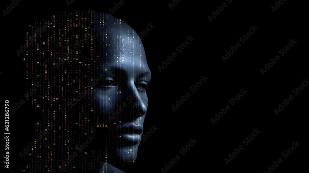 Binary head on dark background,.free copy space Binary head on dark background,.free copy space