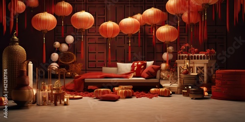 AI Generated. AI Generative. Chinese New Year winter holiday festival. Traditional decoration background relax red colors vibe. Graphic Art