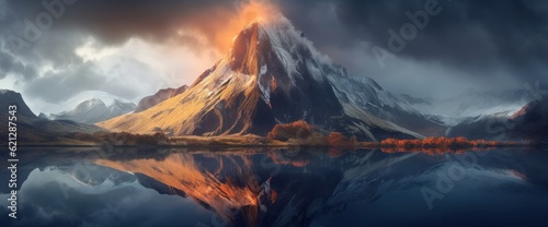 Luminous Reflection of a Majestic Volcanic Mountain in Norwegian Wilderness Generative AI photo