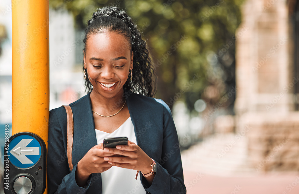 Happy black woman, phone and city in travel, social media or communication in Cape Town. African female person with smile for chatting, texting or networking on mobile smartphone app by traffic light Happy black woman, phone and city in travel, social media or communication in Cape Town. African female person with smile for chatting, texting or networking on mobile smartphone app by traffic light