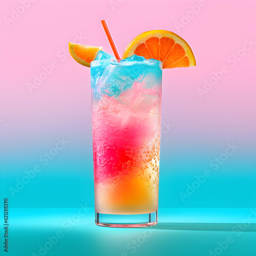 A colorful cocktail with a summer background