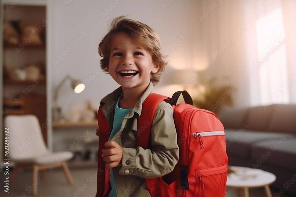 a cheerful boy with a backpack is going to school at home. generative ai.