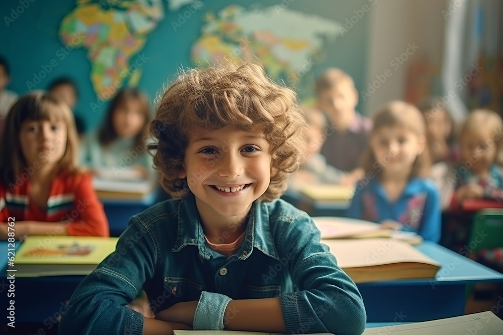 children are sitting at desks in the classroom at school. back to school generative ai.