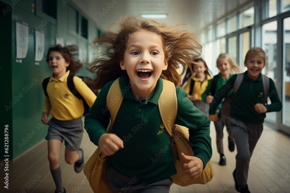 cheerful children run along the corridors of the school. back to school generative ai.