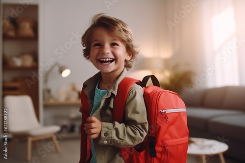 Obraz na płótnie a cheerful boy with a backpack is going to school at home. generative ai. w salonie