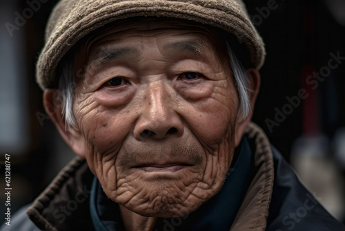 Closeup outdoor portrait of a mature Asian man, exuding confidence and wisdom with a serene expression.