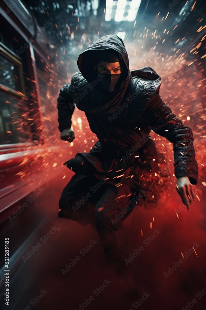 Ninja Martial Arts Scene on a Speeding Train with Speed Effect and Blur Background. Generative ai Ninja Martial Arts Scene on a Speeding Train with Speed Effect and Blur Background. Generative ai