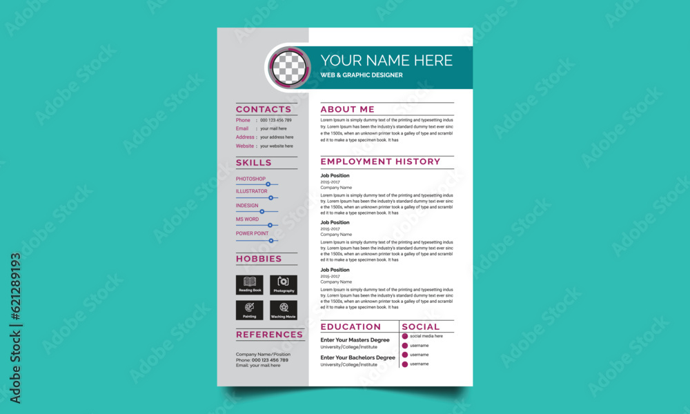 Professional CV resume template design. Business layout vector clean for job applications. In A4 size.