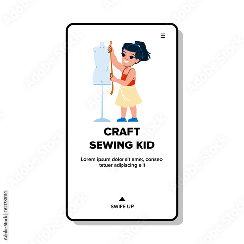 thread craft sewing kid vector. child girl, sew school, lesson table thread craft sewing kid web flat cartoon illustration