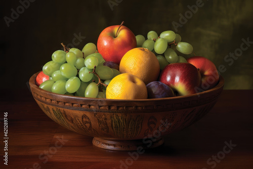 Decorative Wooden Bowl Filled with Fruit  generative AI