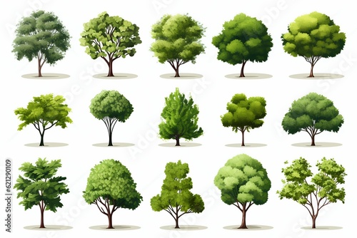 Collection of Beautiful Trimmed Urban Trees Isolated on White Background. Generative ai