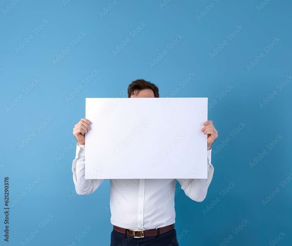 Man holding blank sign in studio against blue background, Generative AI Illustration Man holding blank sign in studio against blue background, Generative AI Illustration