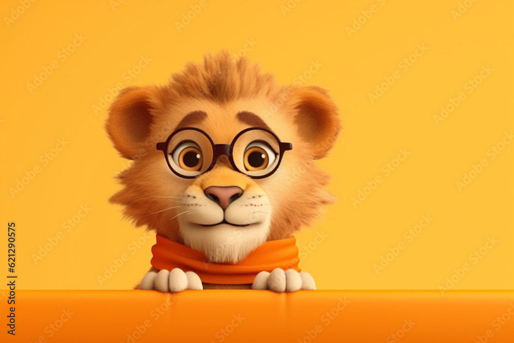 Cute little lion character cub peeking from behind blank banner on orange 