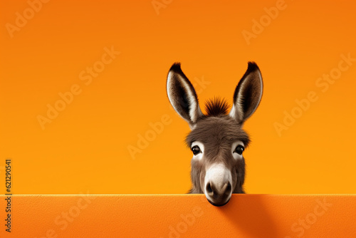 funny donkey on orange background, 3d illustration, copy space for text