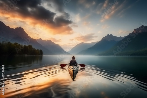 Tranquil sunset over mountains and lake  reflecting beauty of nature and transportation  young woman kayaking in crystal lake illustration for printing  wallpaper design and wall ar