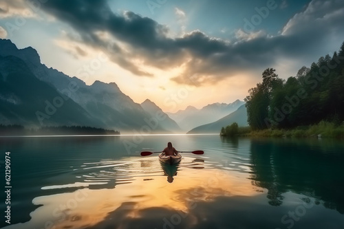 Tranquil sunset over mountains and lake, reflecting beauty of nature and transportation, young woman kayaking in crystal lake illustration for printing, wallpaper design and wall ar