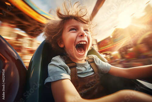 A happy excited young child riding on an exciting theme park fairground ride © ink drop