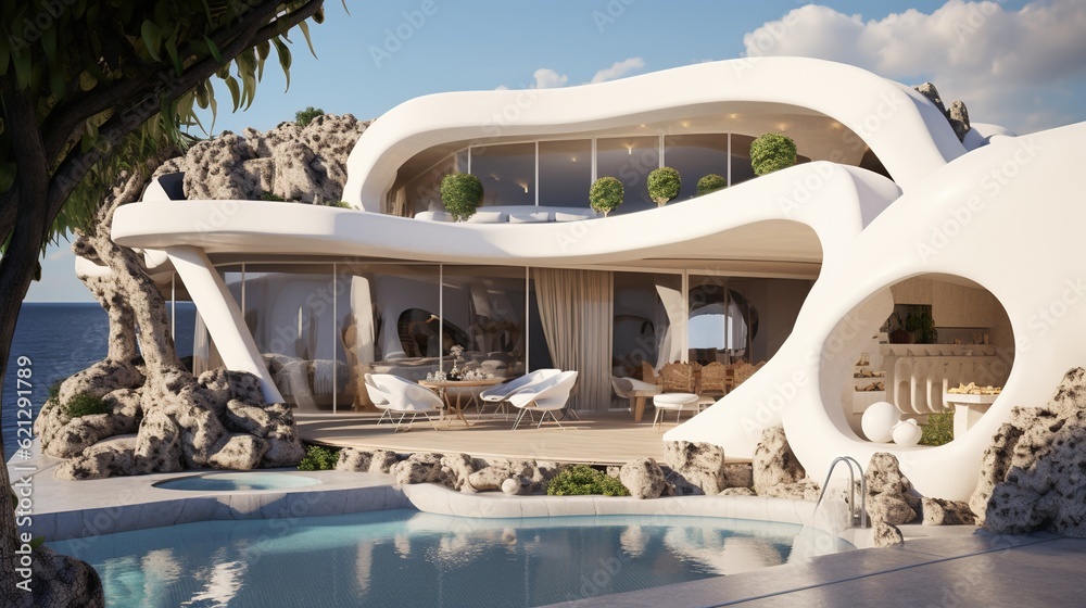 a Professional Shot of a Luxury and Modern Mansion in Greece near the Sea. Generative AI.