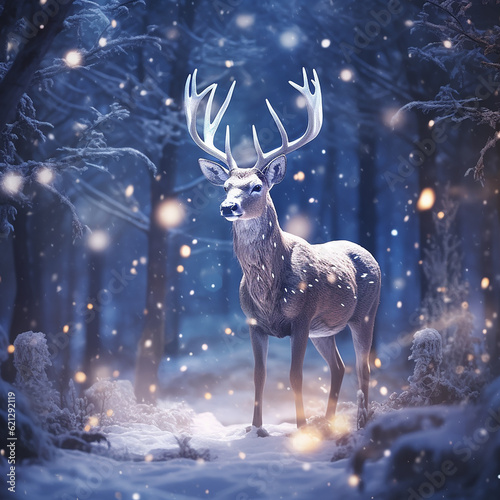 Magic deer in the snow in winter forest. Generative AI © Slepitssskaya
