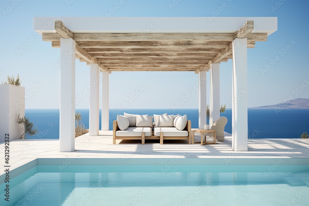 a Professional Shot of a Luxury and Modern Mansion in Greece near the Sea. Generative AI.