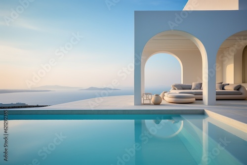 a Professional Shot of a Luxury and Modern Mansion in Greece near the Sea. Generative AI. © Boss