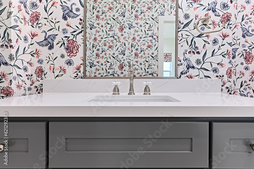 Gray and pink bathroom sink and counter