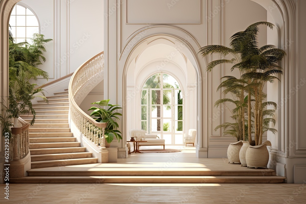 Interior Design of a Huge Mansion with the Style of a Monaster, Big Stairs. Generative AI. Interior Design of a Huge Mansion with the Style of a Monaster, Big Stairs. Generative AI.