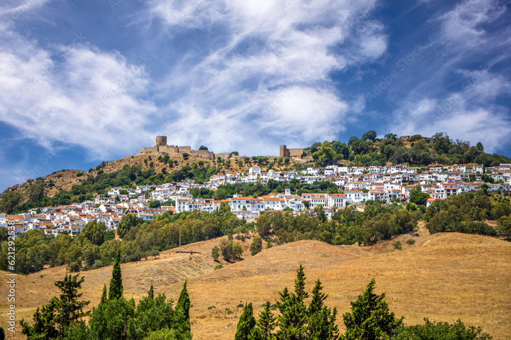 Panoramic view of the typical white village of Cádiz Jimena de la Frontera with the houses on the hill and the castle on top