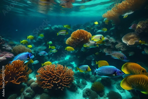 coral reef with fish wallpaper and background generated by AI