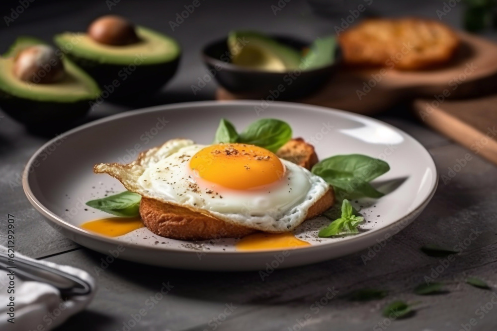 Fried egg and avocado toast. Healthy breakfast. Restaurant serving. Generative AI.