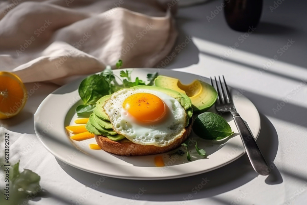 Fried egg and avocado toast. Healthy breakfast. Restaurant serving. Generative AI. Fried egg and avocado toast. Healthy breakfast. Restaurant serving. Generative AI.