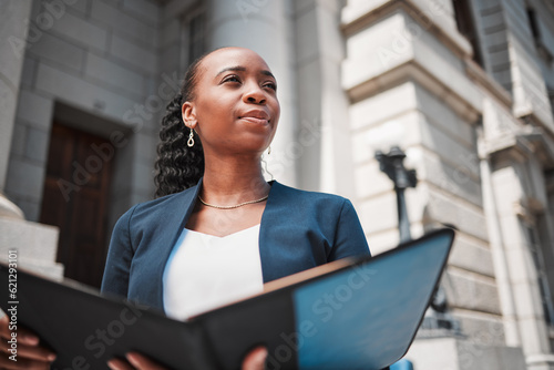 Schilderij op canvas Book, black woman or lawyer thinking with education, empowerment or constitution research by law firm